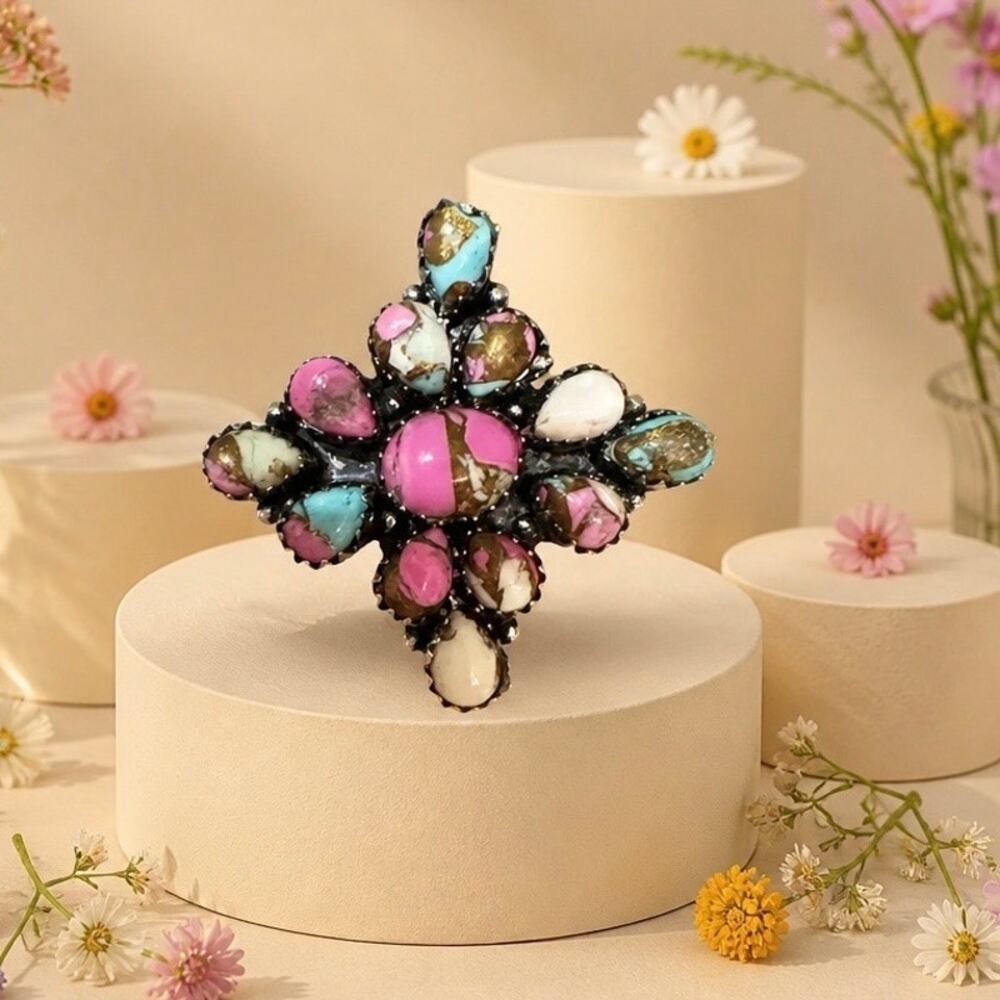 Cotton Candy Turquoise Cluster Ring Sterling Silver Size 8 Boho